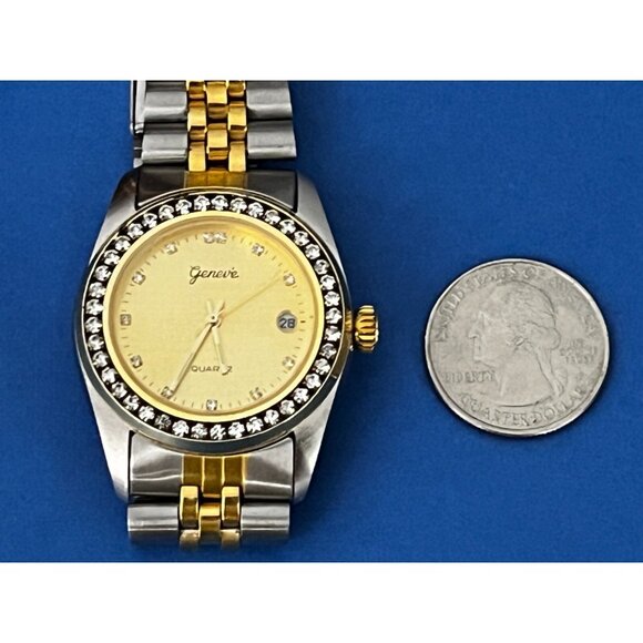Geneve Ladies Round Two-Tone Yellow & Silver Bracelet Watch Diamond accents - Picture 3 of 14